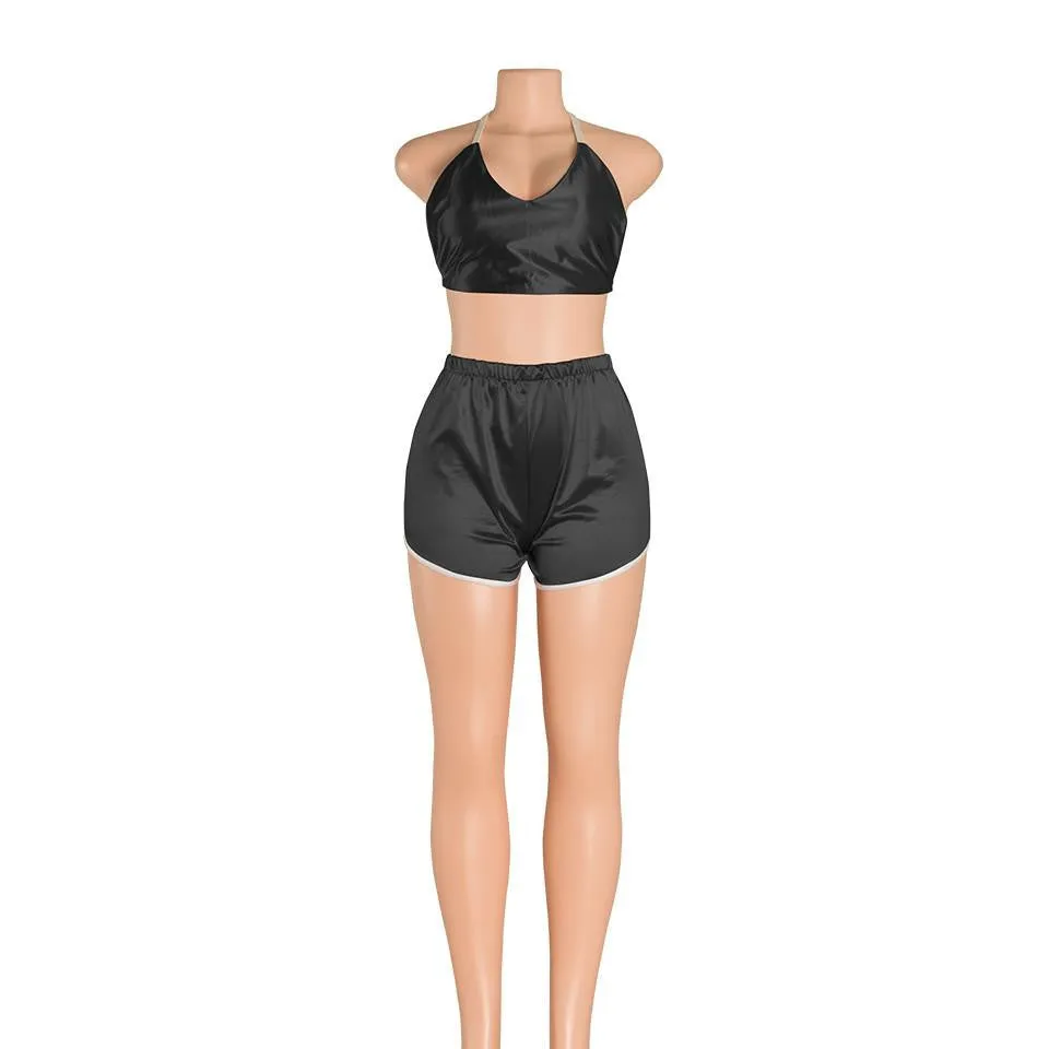 2 Pieces Satin Women style Jumpsuit Romper V-neck crop top Bodysuit short Pants Backless Jumpsuits blue