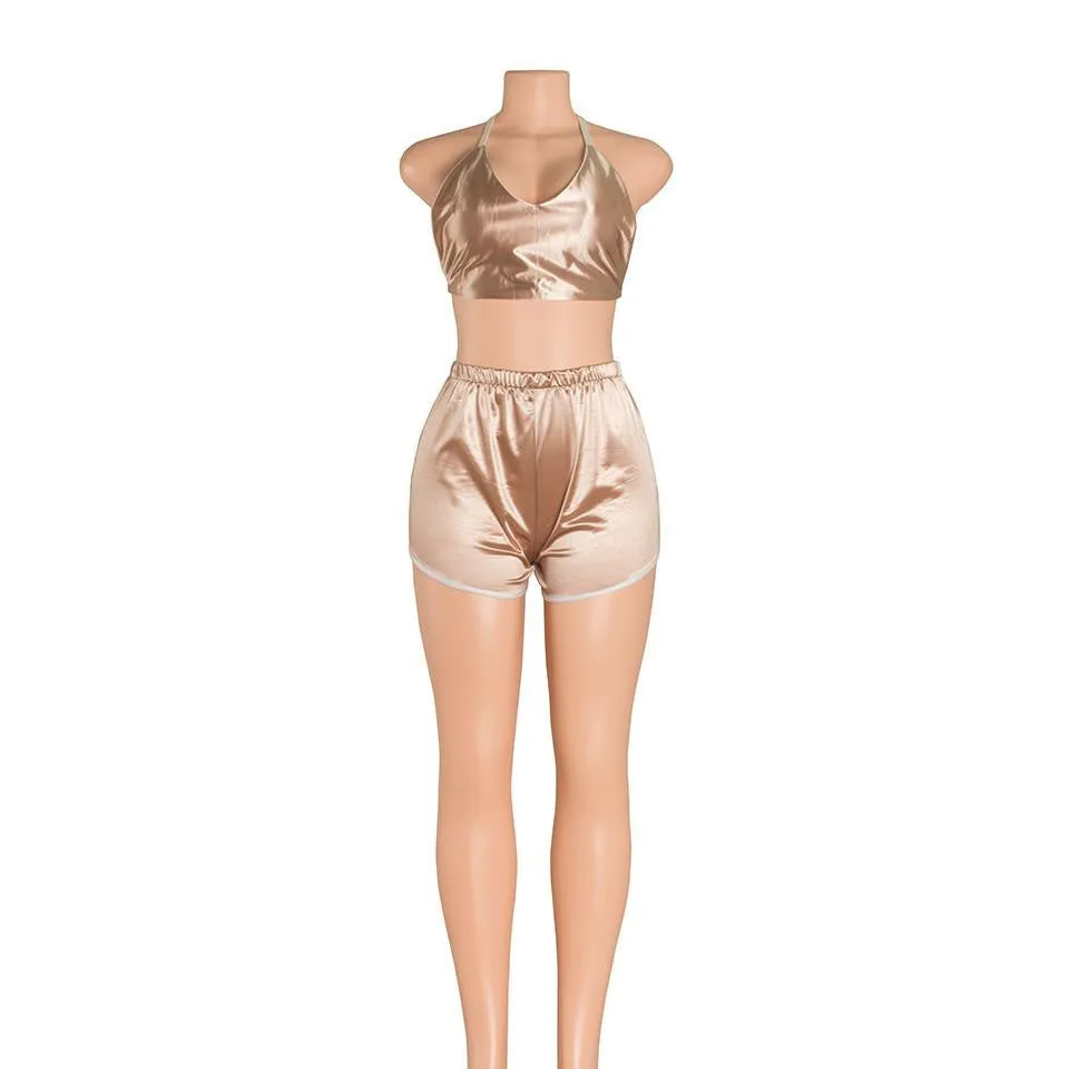 2 Pieces Satin Women style Jumpsuit Romper V-neck crop top Bodysuit short Pants Backless Jumpsuits blue