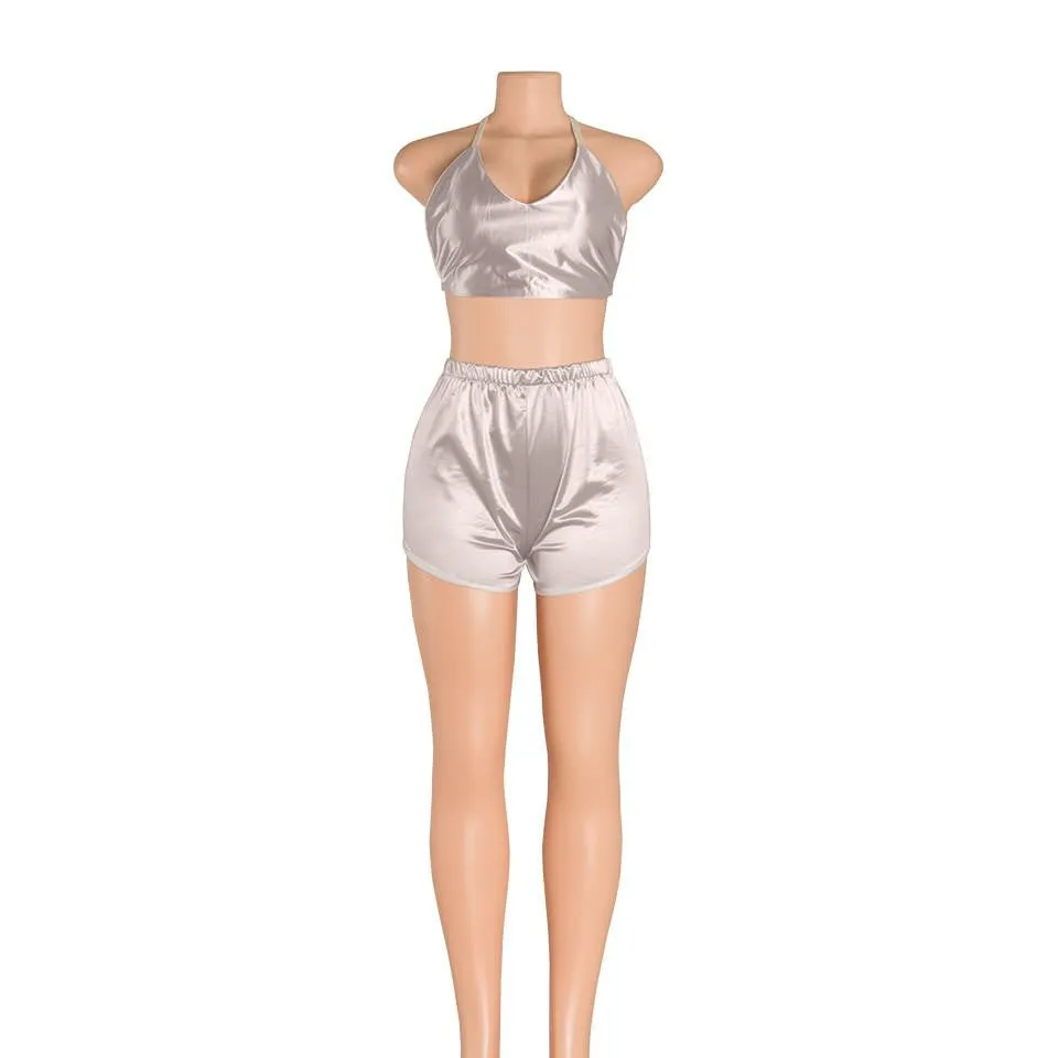 2 Pieces Satin Women style Jumpsuit Romper V-neck crop top Bodysuit short Pants Backless Jumpsuits blue