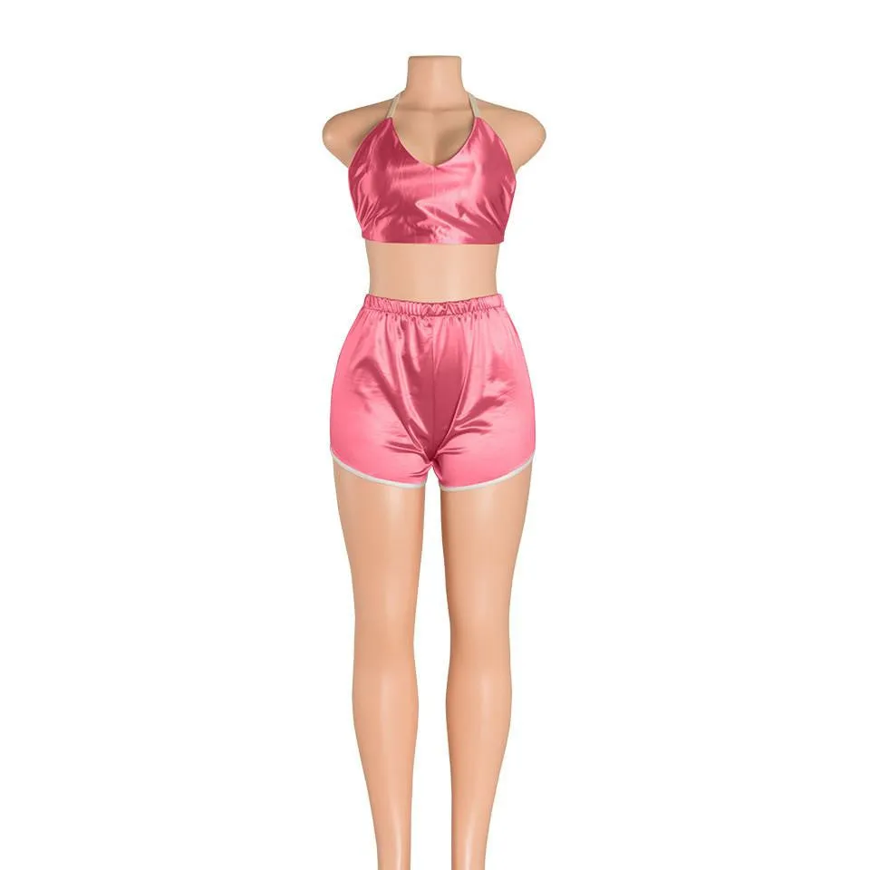 2 Pieces Satin Women style Jumpsuit Romper V-neck crop top Bodysuit short Pants Backless Jumpsuits blue