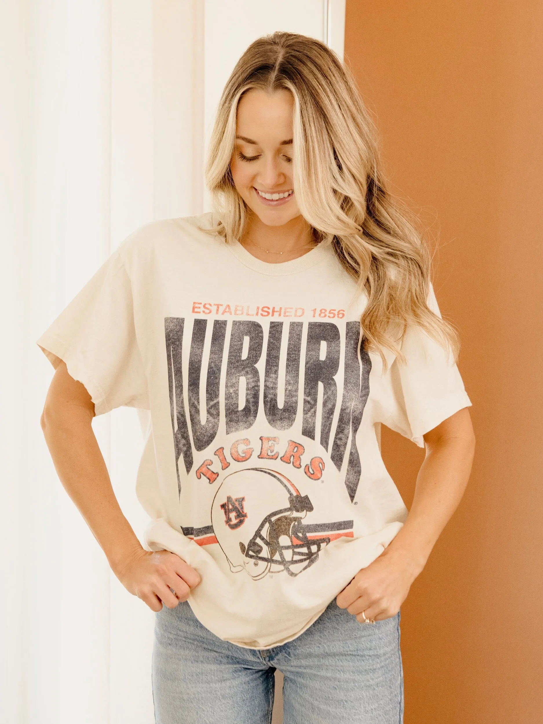 Auburn Tigers Established Date Helmet Off White Thrifted Tee