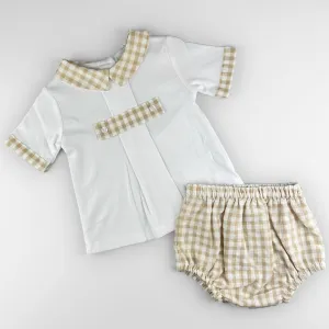 Baby Boy Checked Collar Shirt & Matching Jam Pants Set – White & Beige
