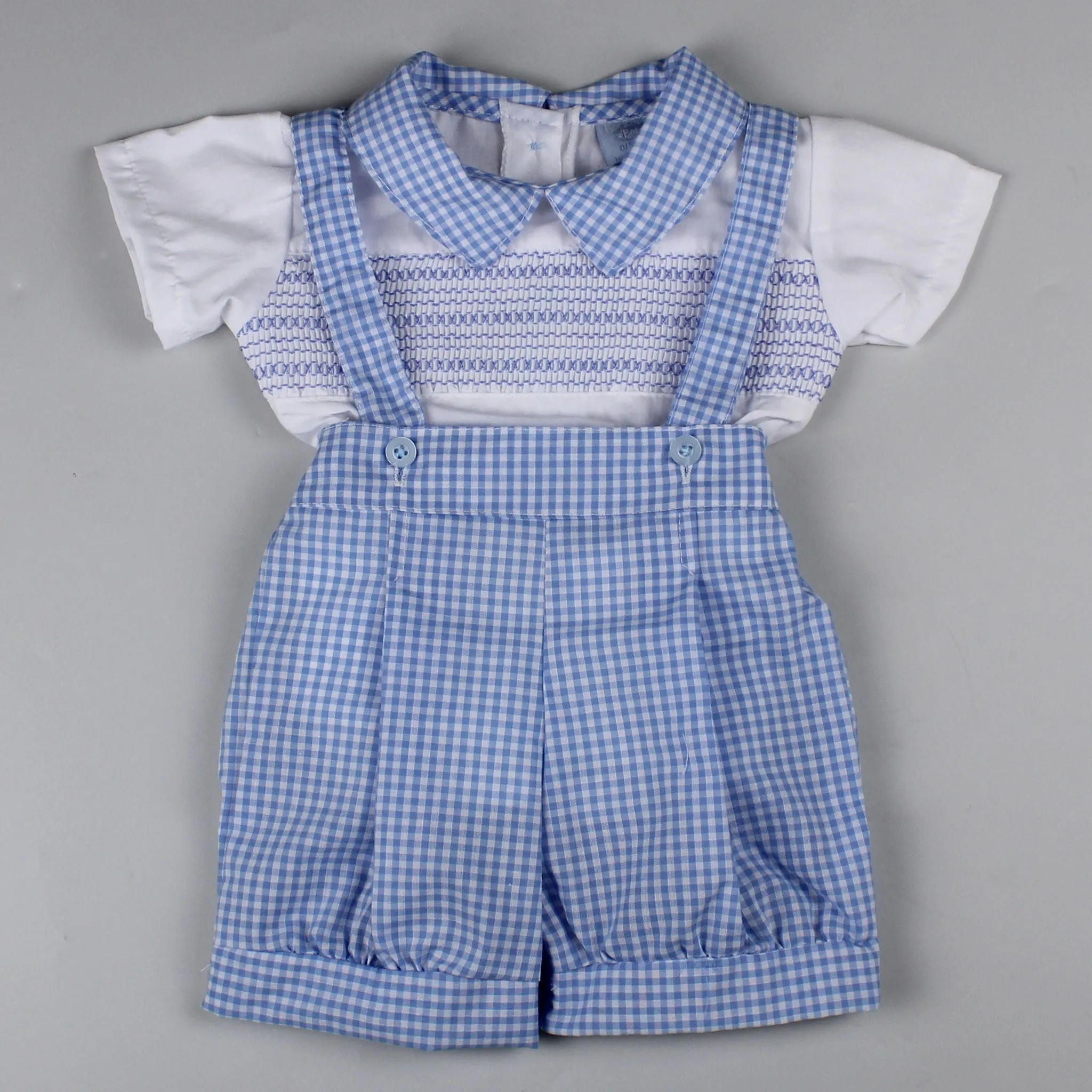 Baby Boy Summer Outfit - Gingham Shorts with Braces and Shirt
