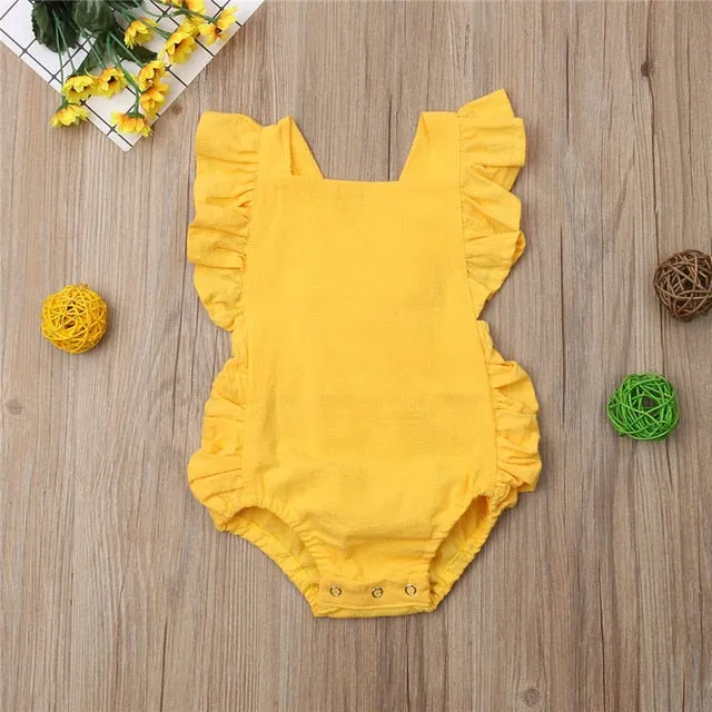 Baby Girl Ruffled Solid Color Sleeveless Backless Romper Jumpsuit Outfit
