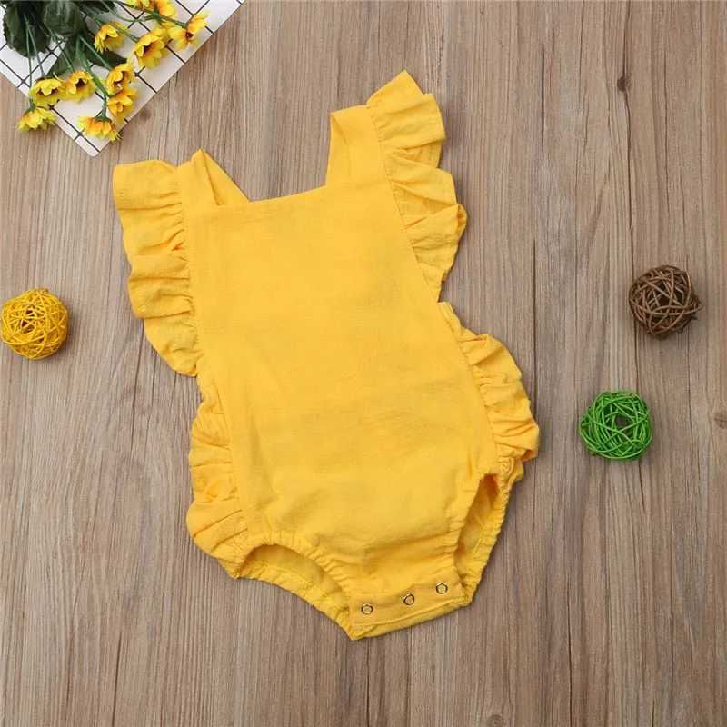 Baby Girl Ruffled Solid Color Sleeveless Backless Romper Jumpsuit Outfit