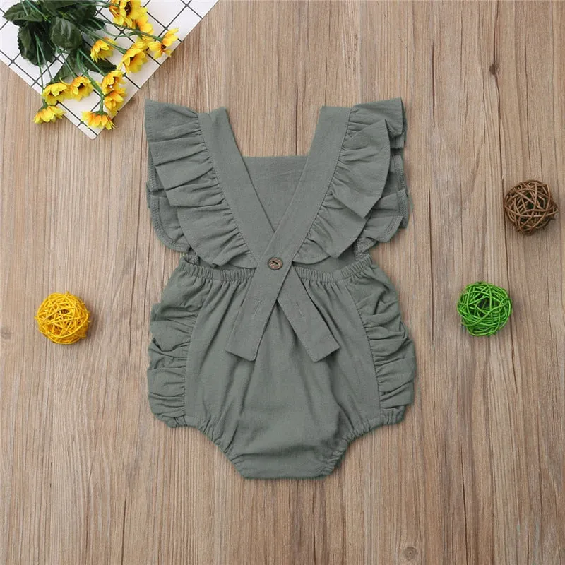 Baby Girl Ruffled Solid Color Sleeveless Backless Romper Jumpsuit Outfit