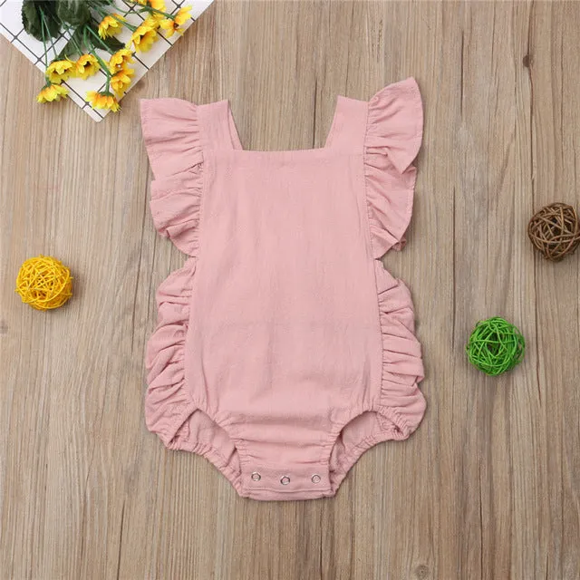 Baby Girl Ruffled Solid Color Sleeveless Backless Romper Jumpsuit Outfit
