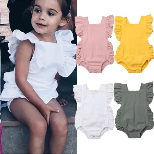 Baby Girl Ruffled Solid Color Sleeveless Backless Romper Jumpsuit Outfit