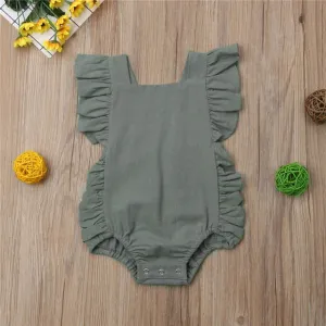 Baby Girl Ruffled Solid Color Sleeveless Backless Romper Jumpsuit Outfit