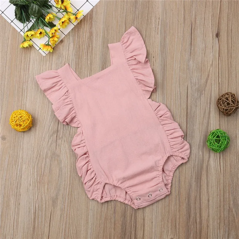 Baby Girl Ruffled Solid Color Sleeveless Backless Romper Jumpsuit Outfit