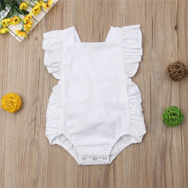 Baby Girl Ruffled Solid Color Sleeveless Backless Romper Jumpsuit Outfit
