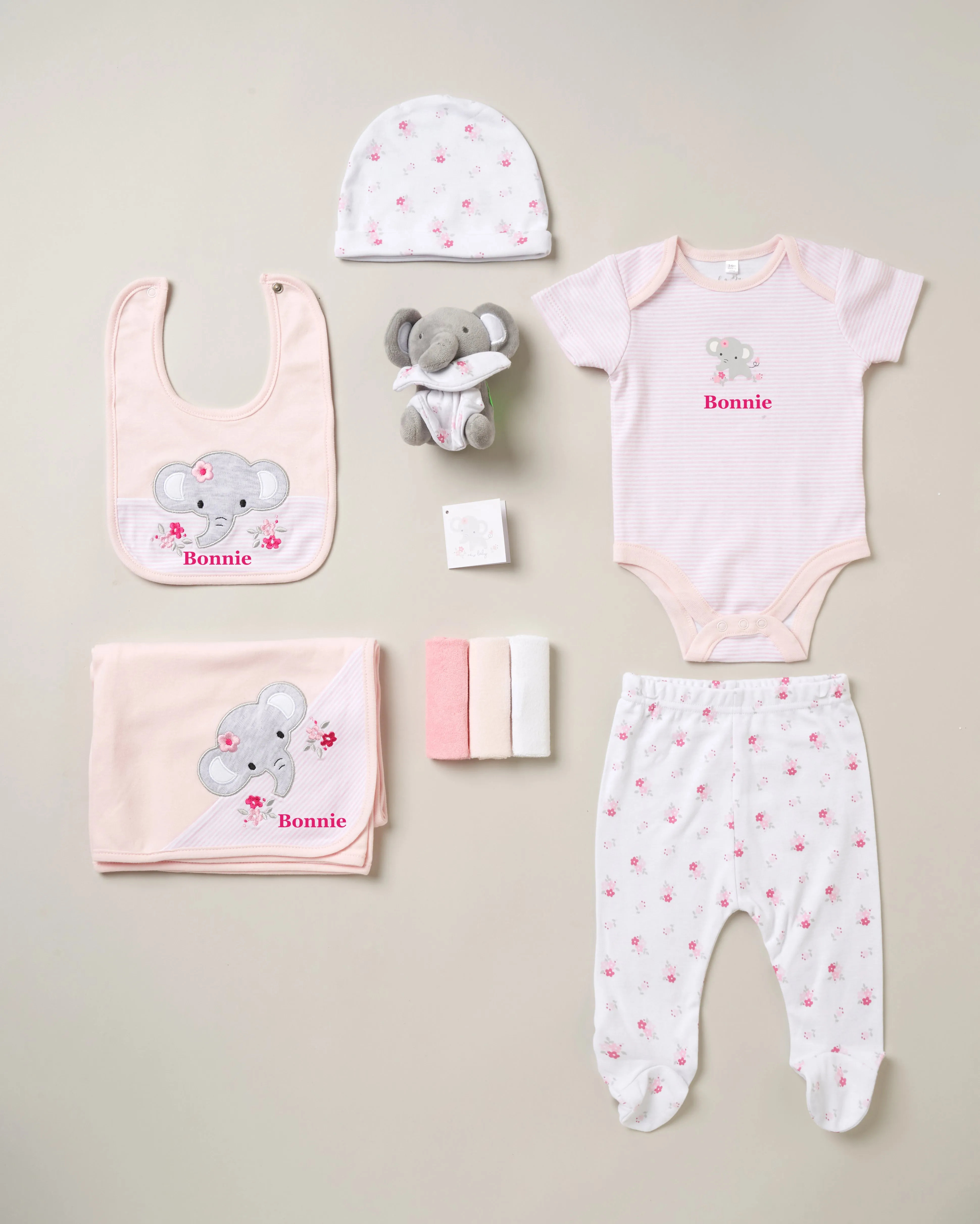 Baby girls personalised bunny 10 piece mesh bag gift set