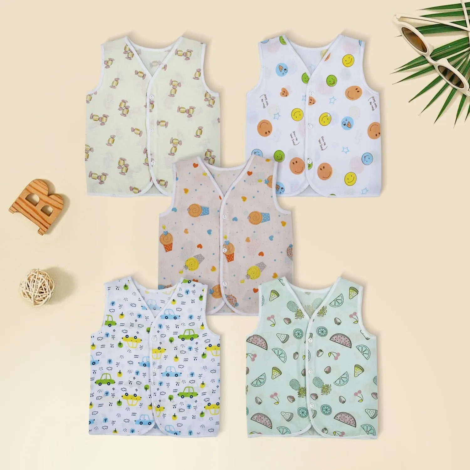Baby Moo Car And Fruit Print V-Neck Sleeveless Front Opening Button Cotton Jhablas 5 Pcs - Yellow, Multicolour
