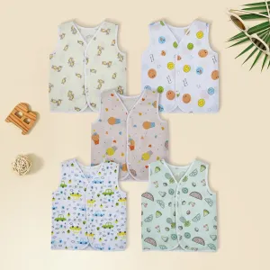 Baby Moo Car And Fruit Print V-Neck Sleeveless Front Opening Button Cotton Jhablas 5 Pcs - Yellow, Multicolour