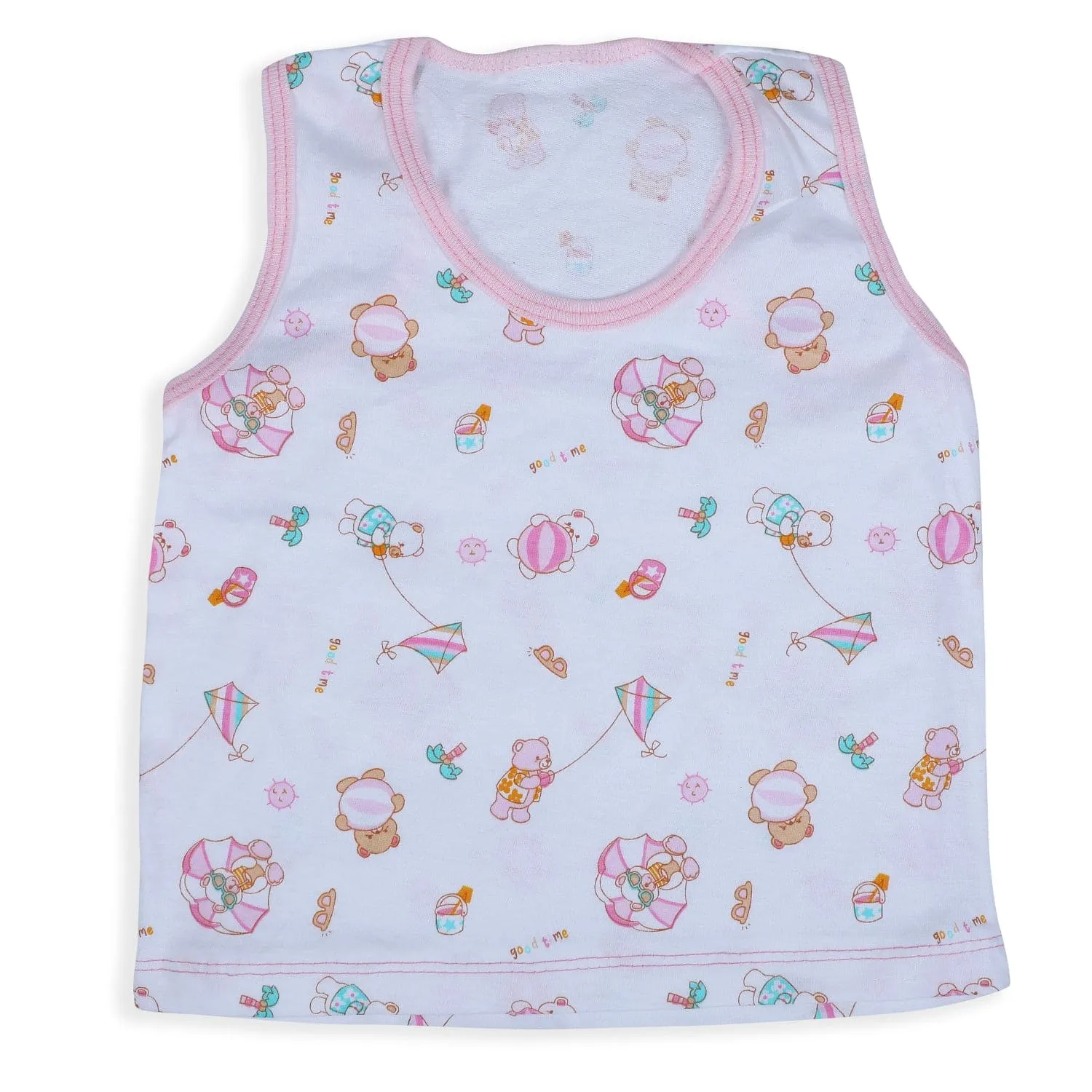 Baby Moo Kite Flying Bear Pure Cotton Sleeveless Vest With Matching Bottom 2pcs Set - Pink