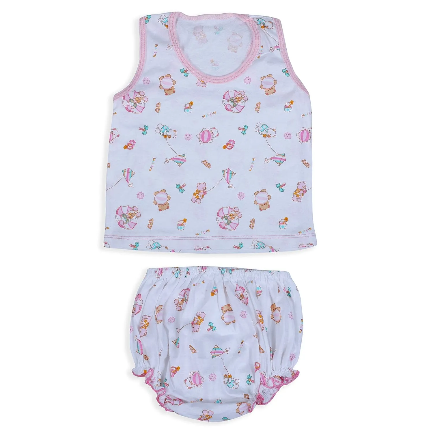 Baby Moo Kite Flying Bear Pure Cotton Sleeveless Vest With Matching Bottom 2pcs Set - Pink