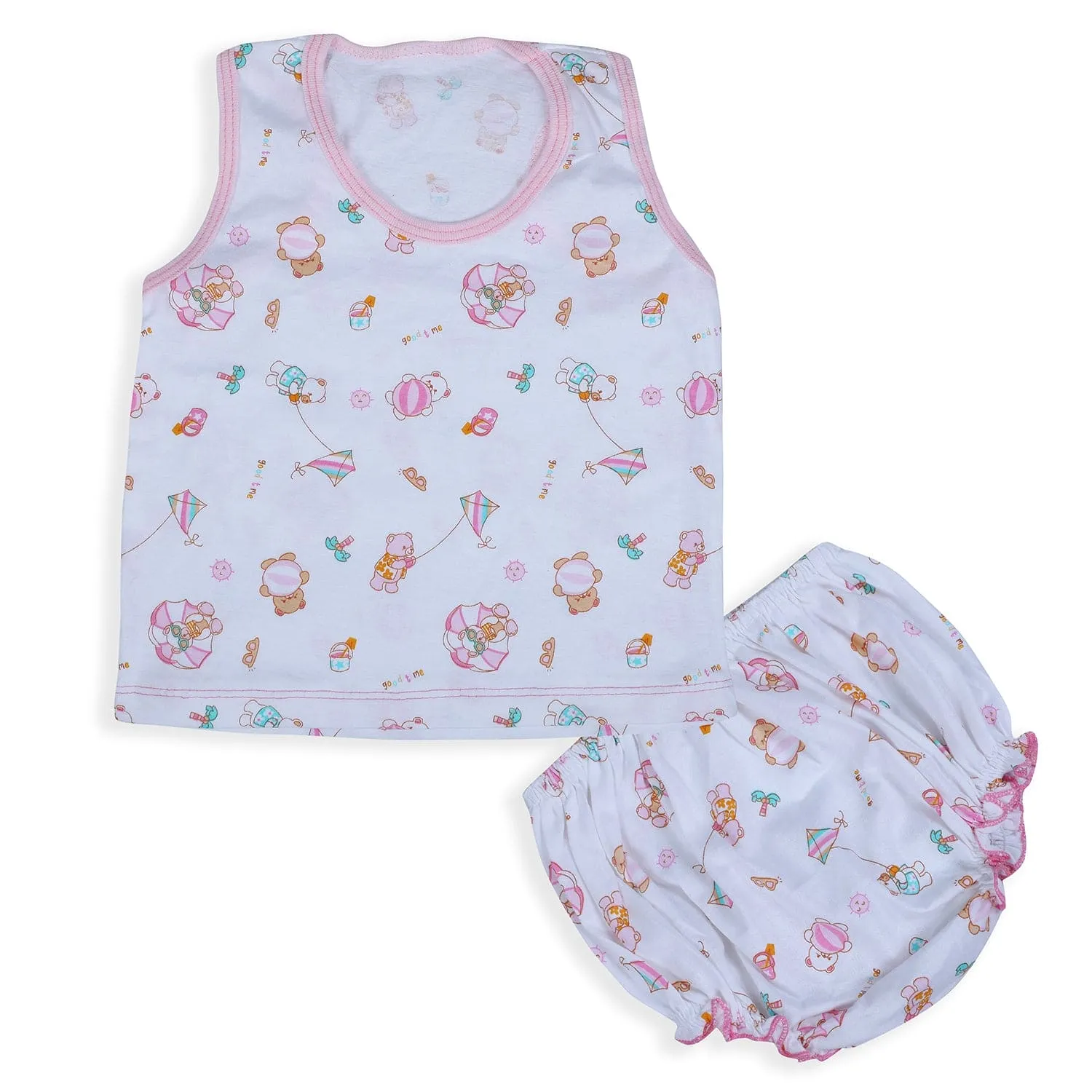 Baby Moo Kite Flying Bear Pure Cotton Sleeveless Vest With Matching Bottom 2pcs Set - Pink