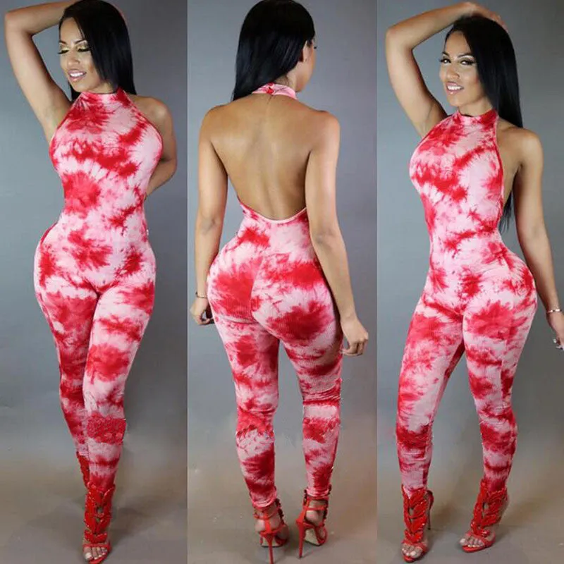Backless Halter Jumpsuit Printed Bodysuit