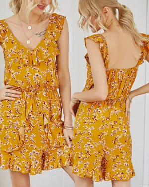 Backless V-neck Pleated Ruffled Jumpsuit Open Back Flounces Rompers