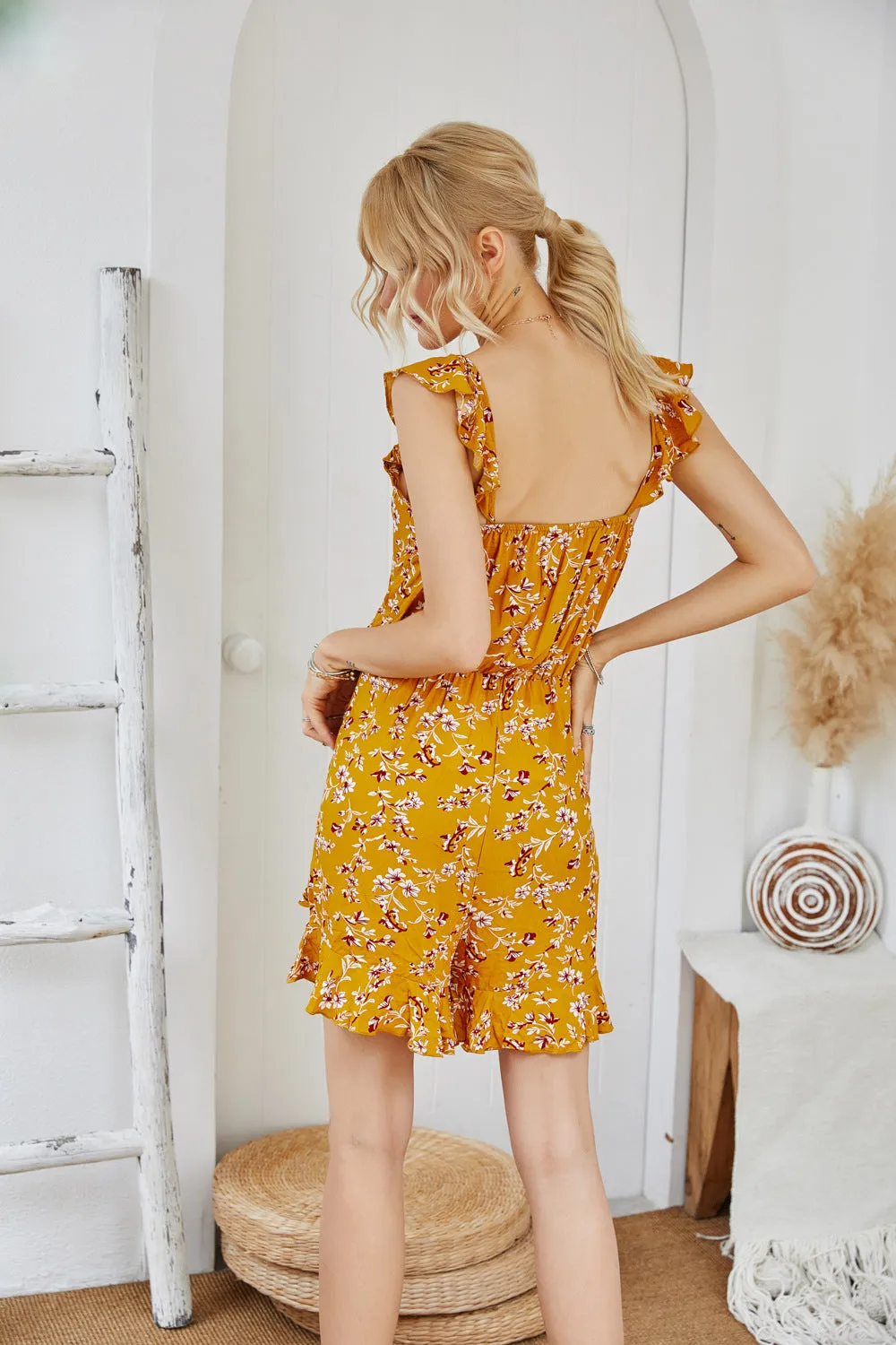Backless V-neck Pleated Ruffled Jumpsuit Open Back Flounces Rompers