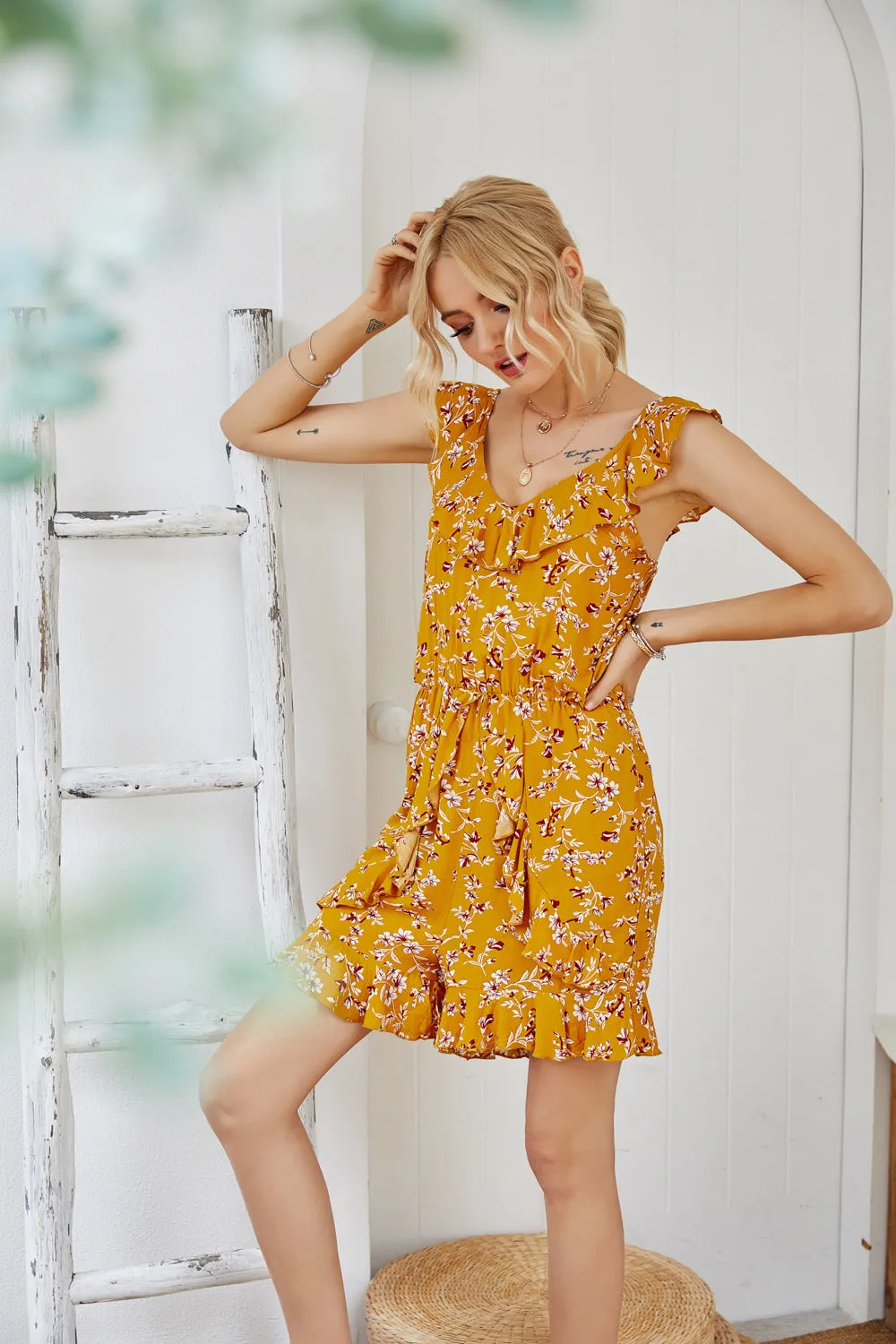 Backless V-neck Pleated Ruffled Jumpsuit Open Back Flounces Rompers