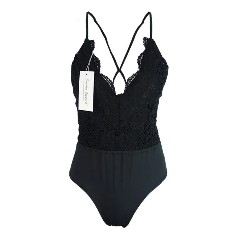 BerryGo Deep v neck lace up bodysuit Black backless tops women bodysuit summer short elegant jumpsuit rompers
