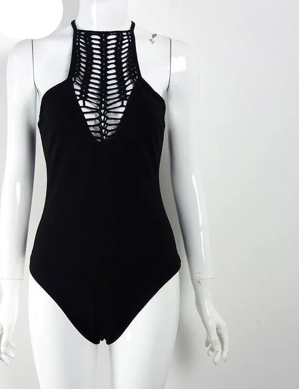 BerryGo Summer hollow out black bodysuit Women halter tops beach backless blouse female Cotton sleeveless jumpsuit rompers