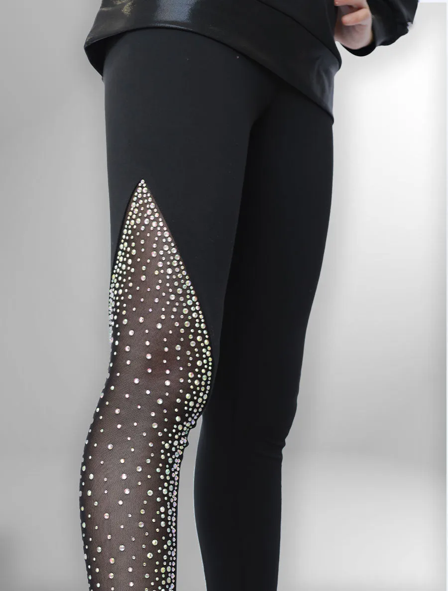 Black High Waisted Rhinestone & Mesh Leggings - 668N