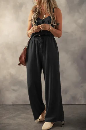 Black Knotted Straps Button Textured Drawstring Jumpsuit