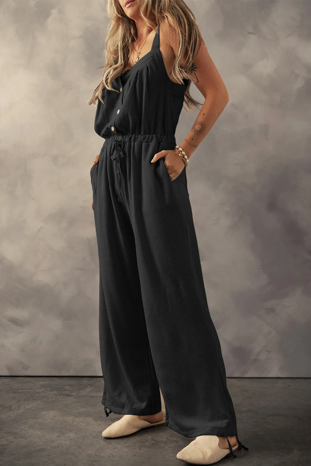 Black Knotted Straps Button Textured Drawstring Jumpsuit