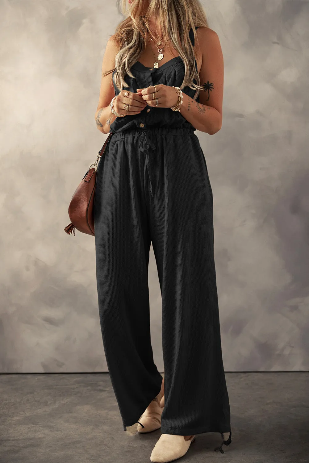 Black Knotted Straps Button Textured Drawstring Jumpsuit