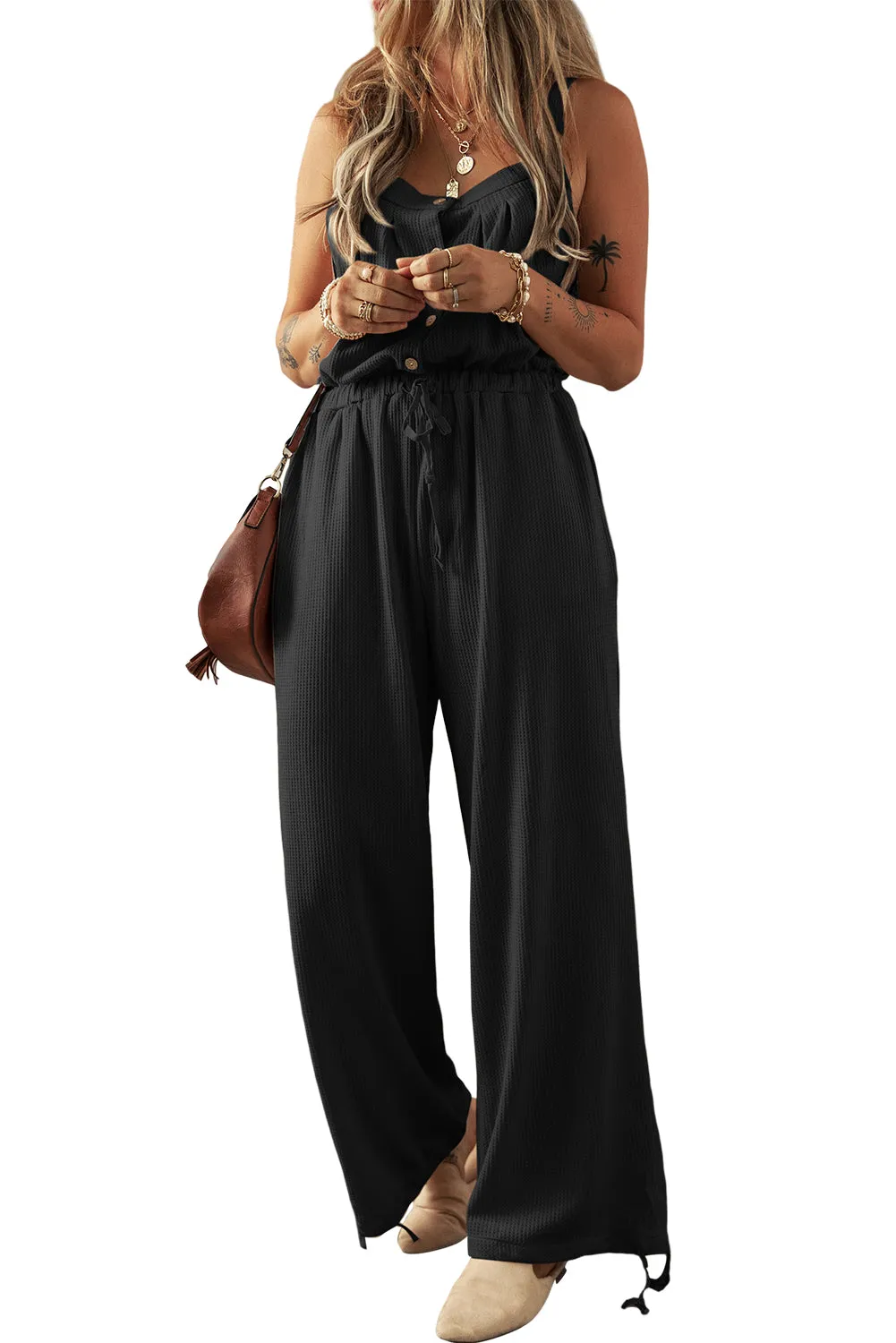 Black Knotted Straps Button Textured Drawstring Jumpsuit
