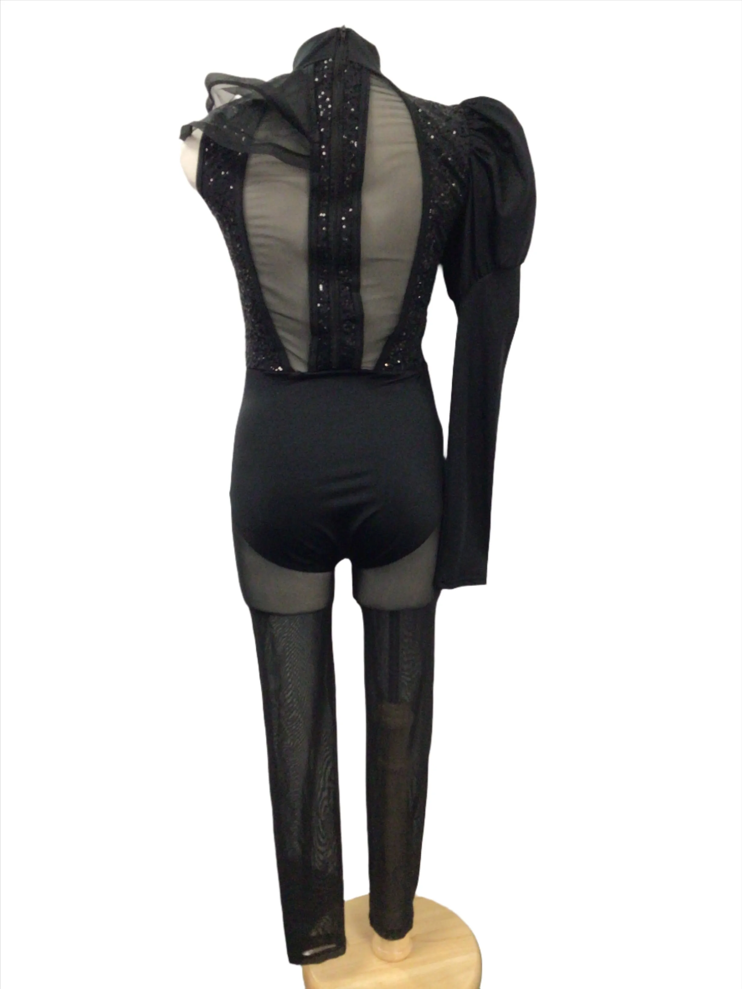 Black One Sleeve Unitard with Mesh Leggings