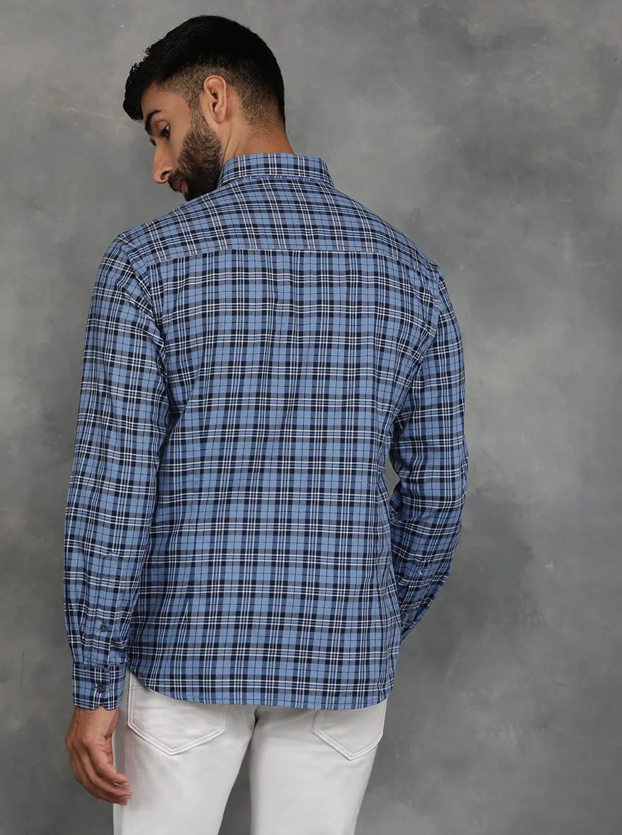 Blue Checked Slim Fit Casual Shirt | GreenFibre