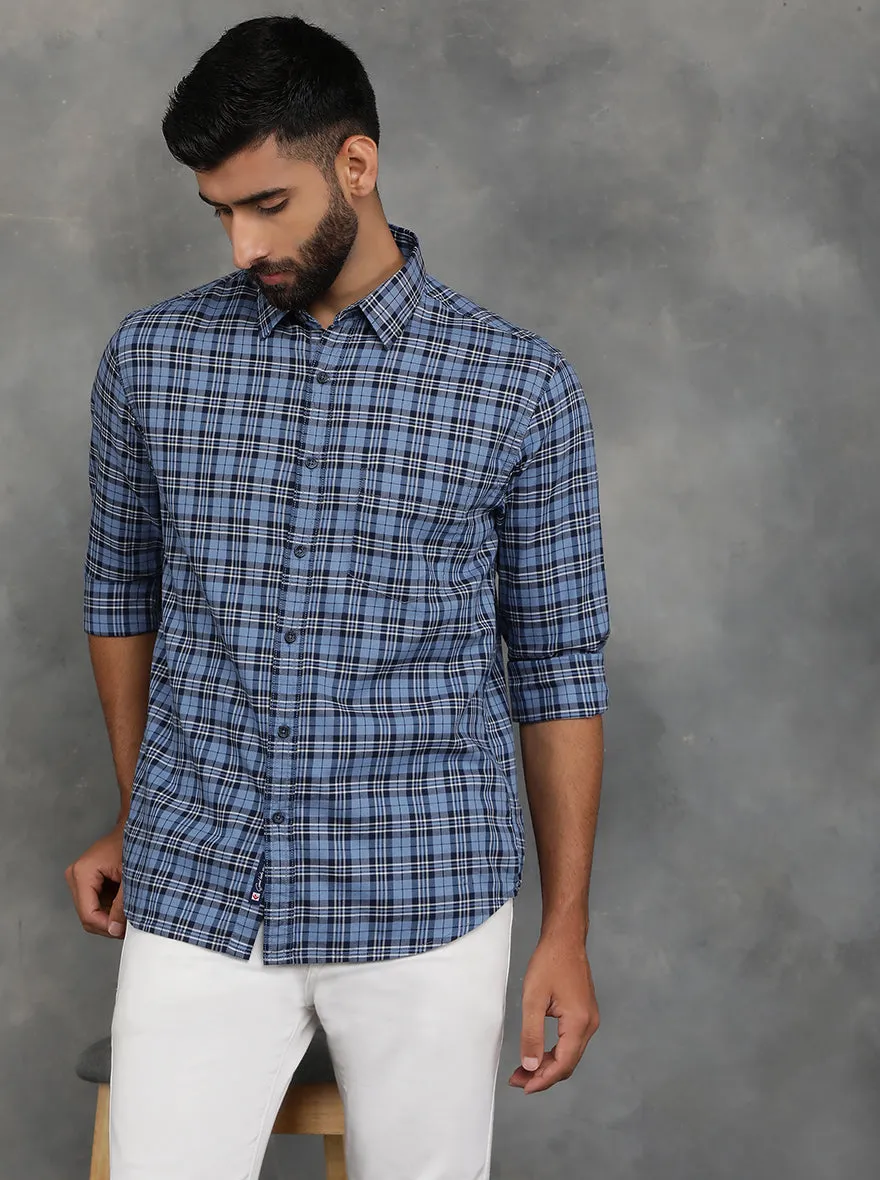 Blue Checked Slim Fit Casual Shirt | GreenFibre
