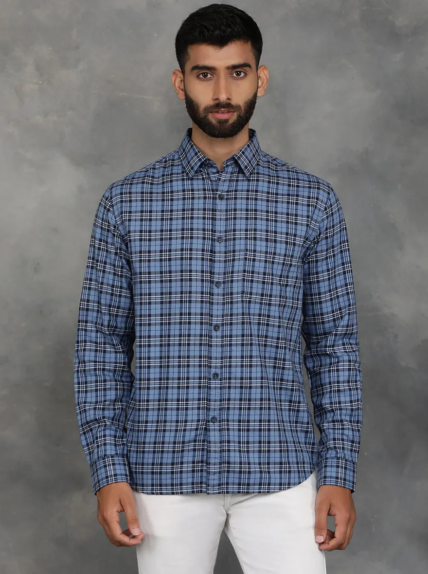 Blue Checked Slim Fit Casual Shirt | GreenFibre