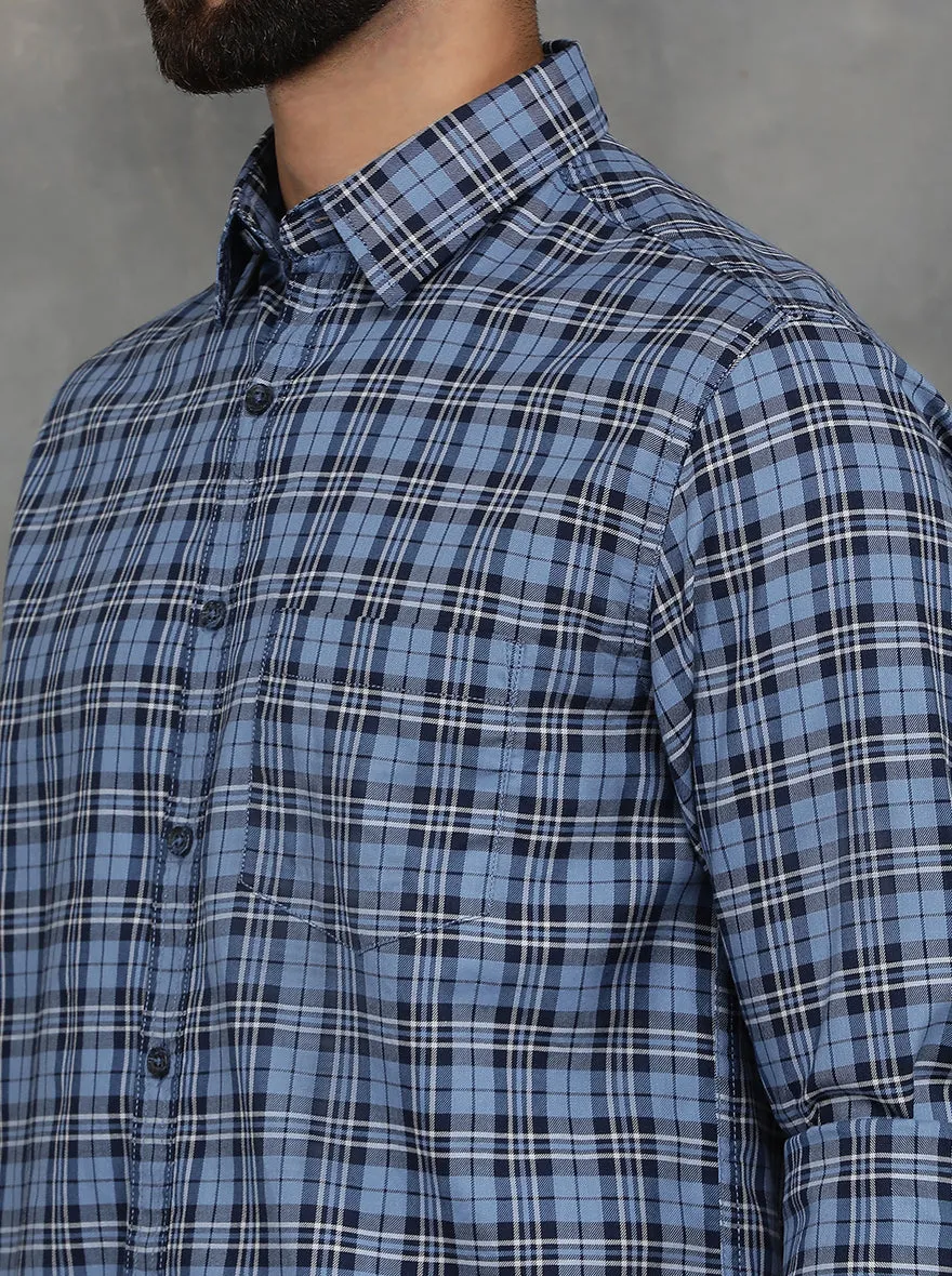 Blue Checked Slim Fit Casual Shirt | GreenFibre