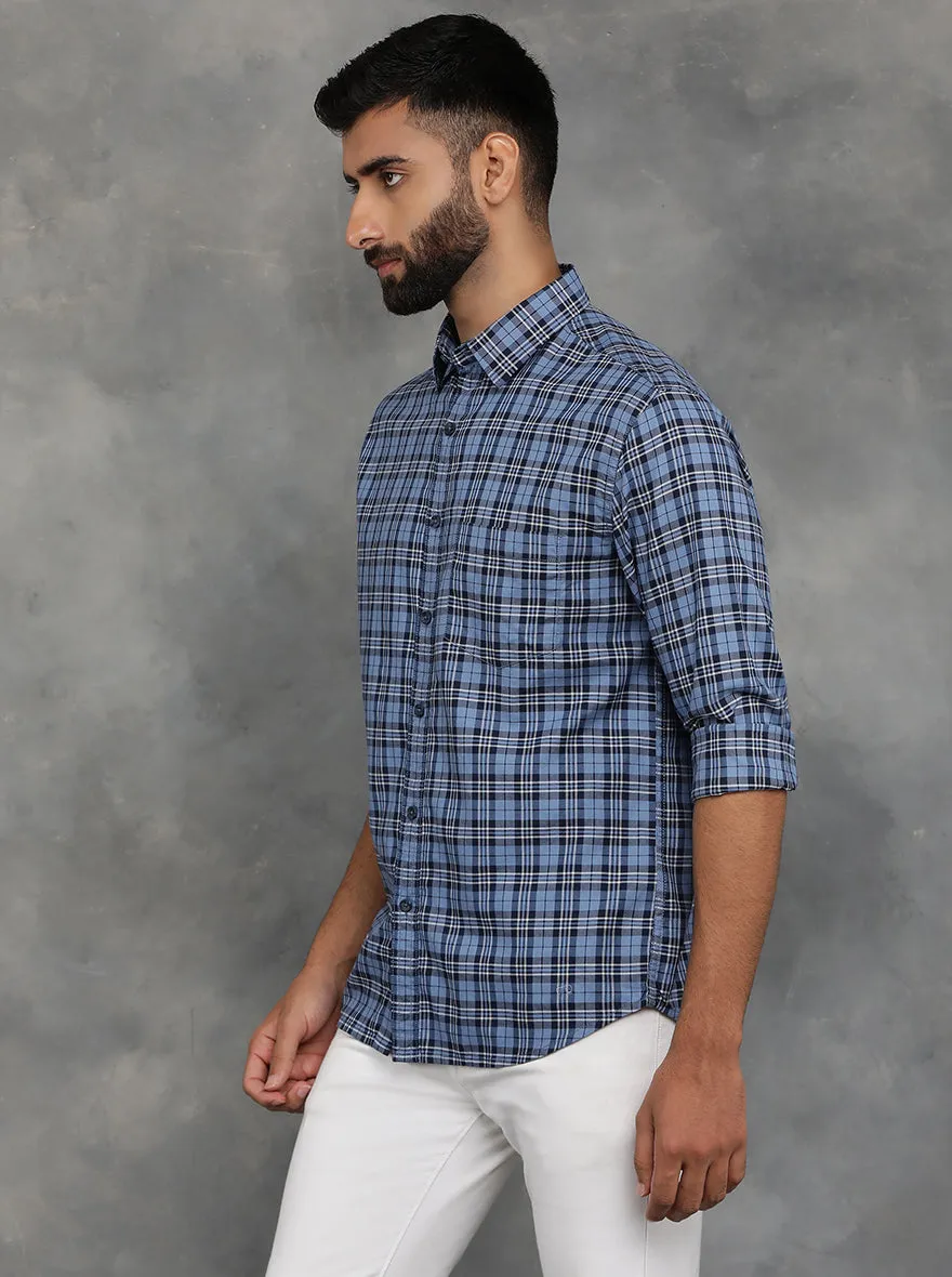 Blue Checked Slim Fit Casual Shirt | GreenFibre