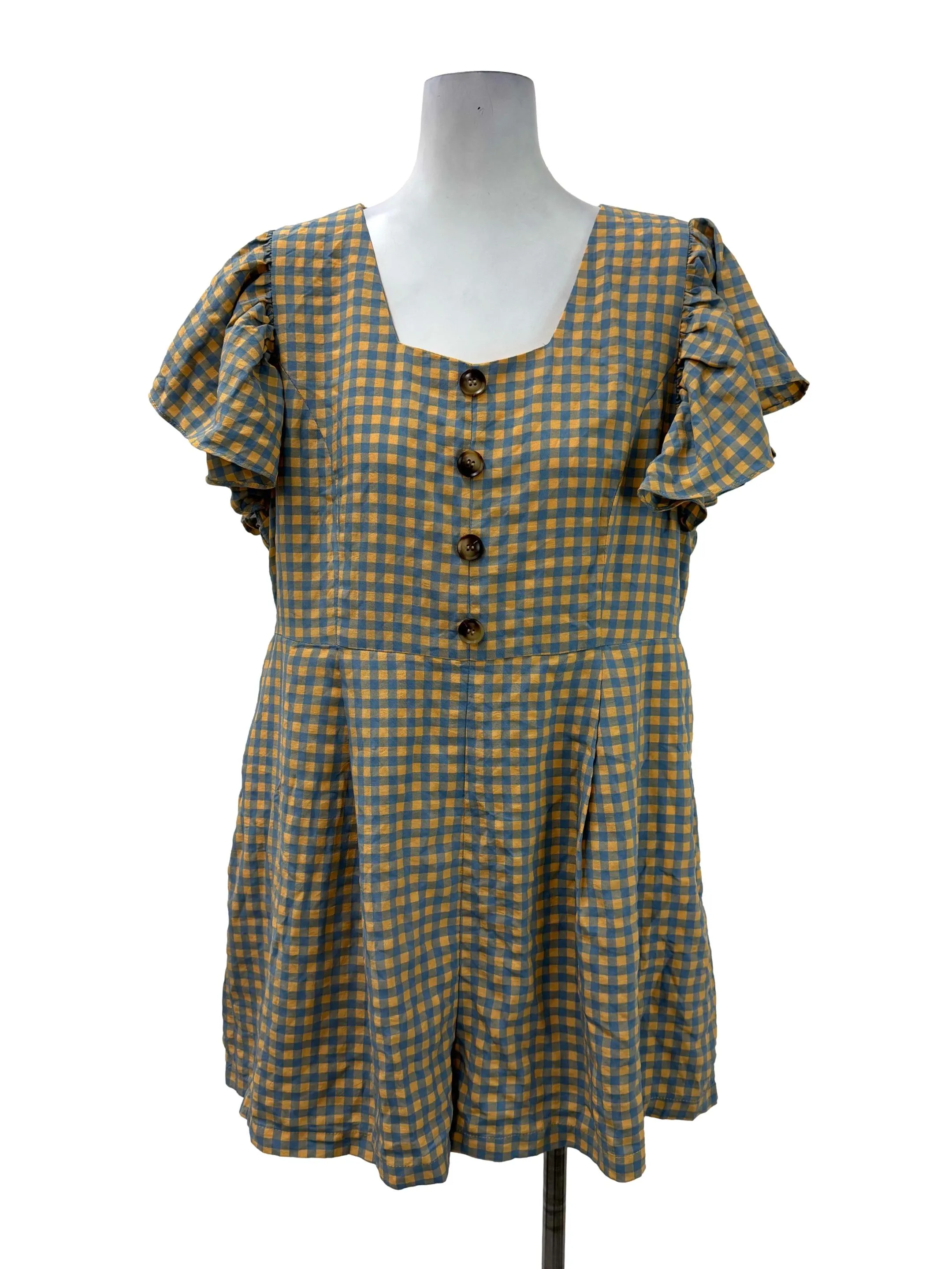 Blue Checkered Square Neck Romper
