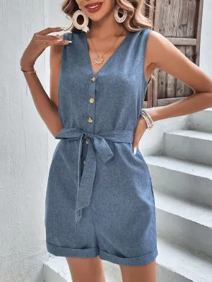 Blue Front Buttoned Romper with Waist Tie Up Detail