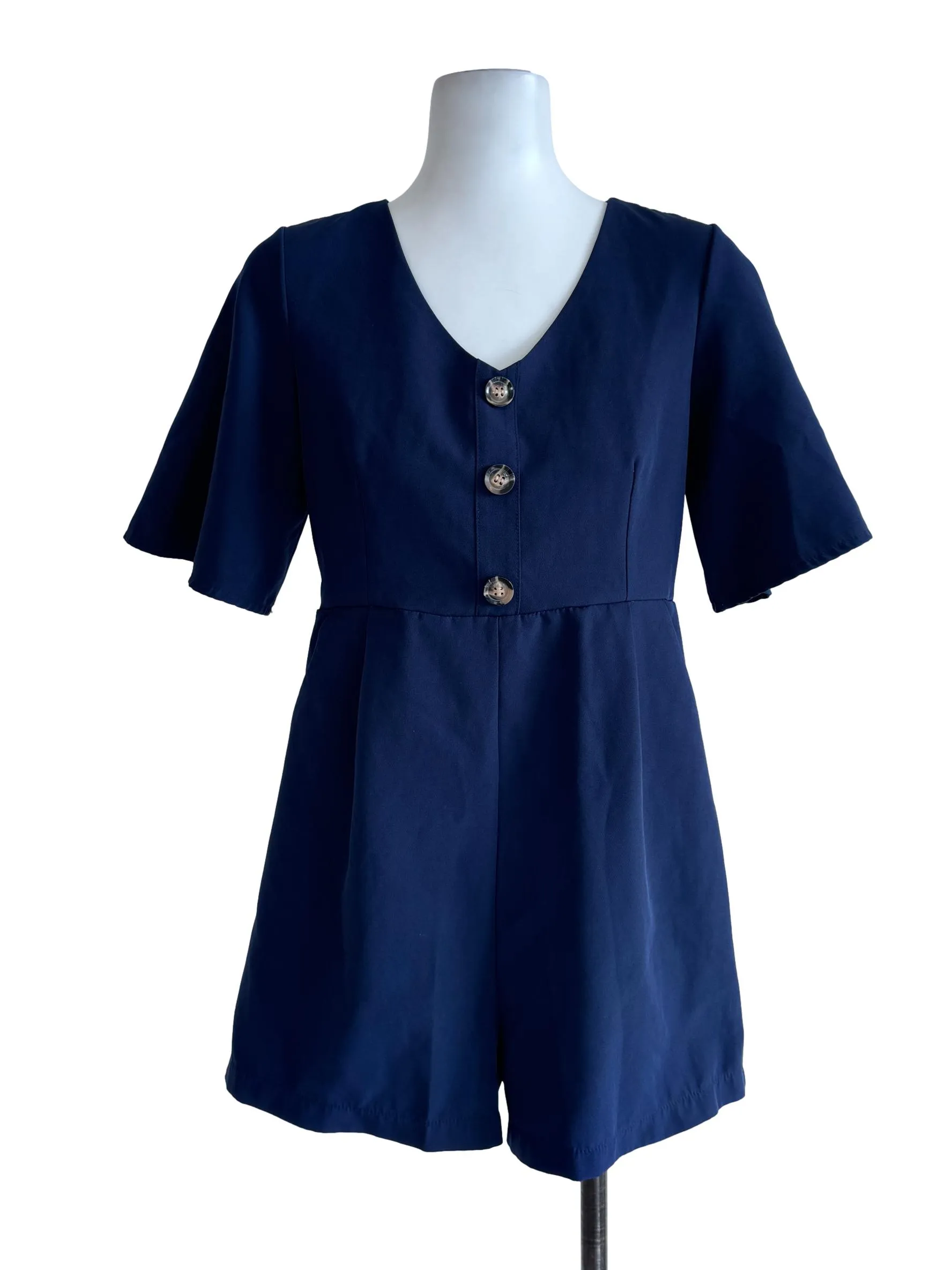 Blue Plain Buttoned Rompers