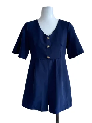Blue Plain Buttoned Rompers