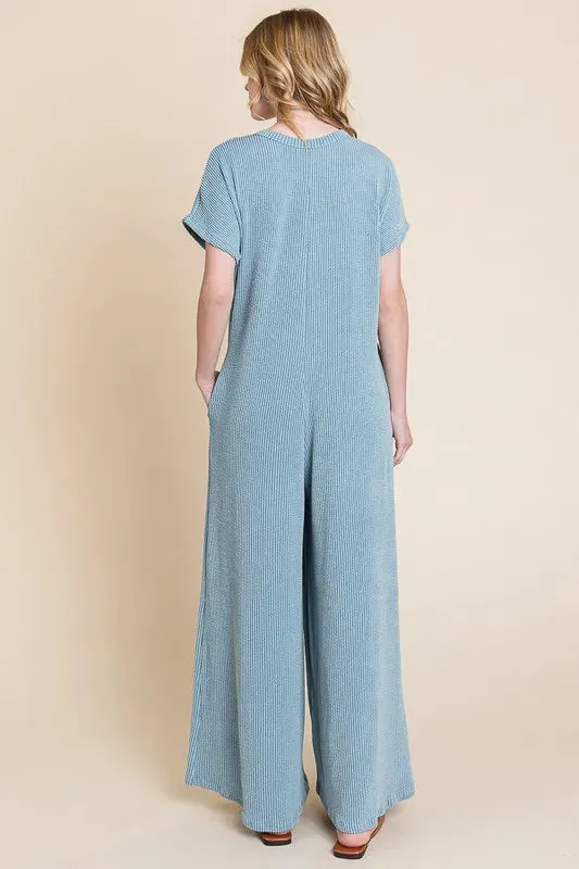 BOMBOM Rib Knit Jumpsuit with Button Detail
