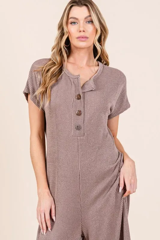 BOMBOM Rib Knit Jumpsuit with Button Detail