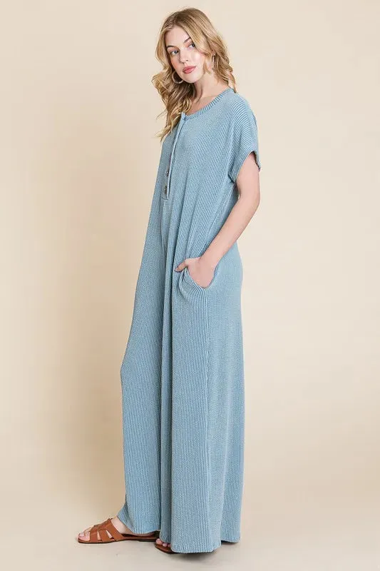 BOMBOM Rib Knit Jumpsuit with Button Detail