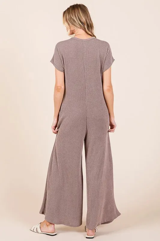 BOMBOM Rib Knit Jumpsuit with Button Detail