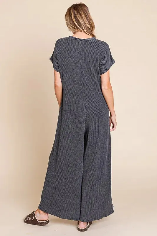 BOMBOM Rib Knit Jumpsuit with Button Detail