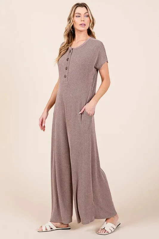 BOMBOM Rib Knit Jumpsuit with Button Detail
