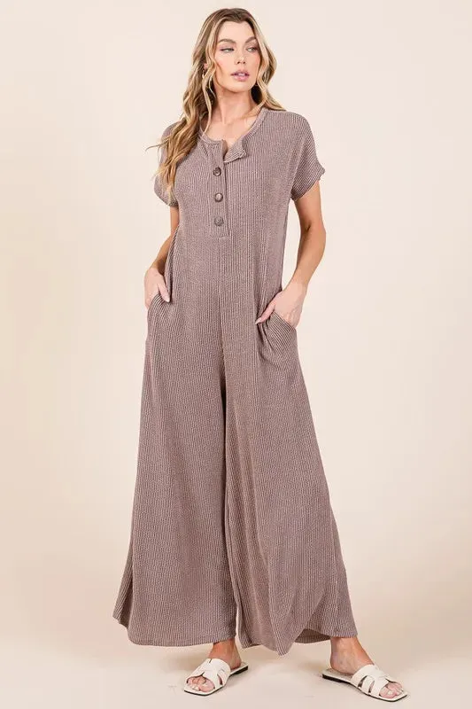 BOMBOM Rib Knit Jumpsuit with Button Detail