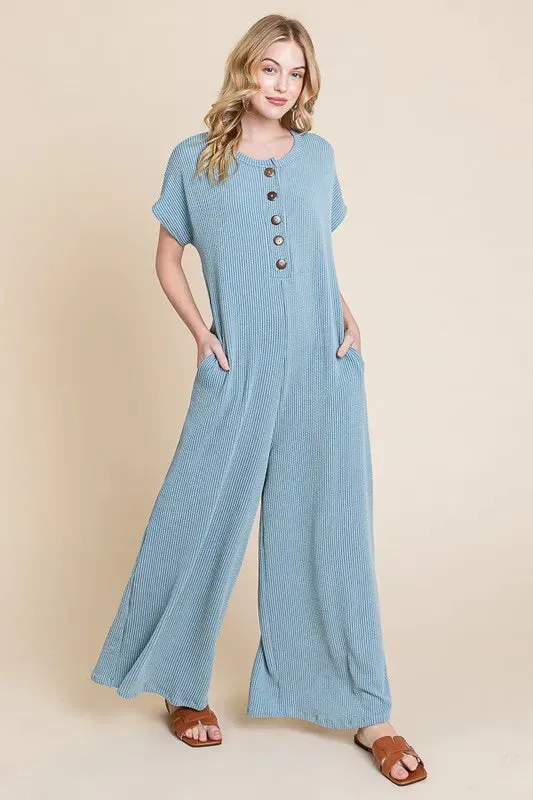 BOMBOM Rib Knit Jumpsuit with Button Detail